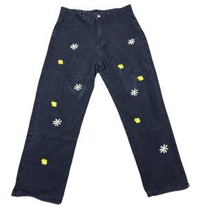 Floral Embroidered Women‎ M Black Jeans High Rise Straight Leg Denim Cottagecore